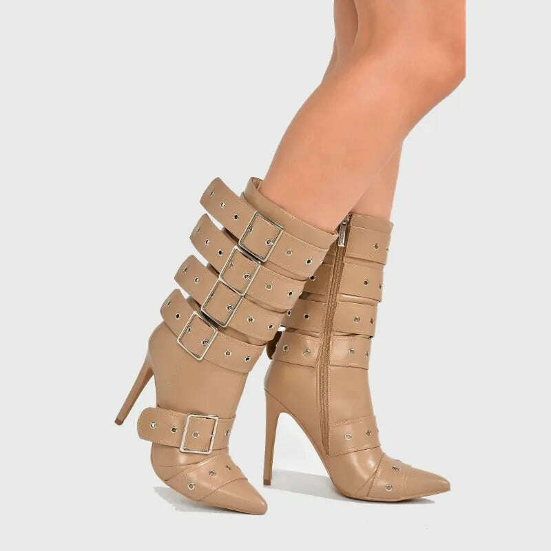 Fashion Runway Belt Buckle Pointed Golden Black Mid-calf Boots 2023 New European American Slim High Heels Women's Shoes Size 43 - KIMLUD