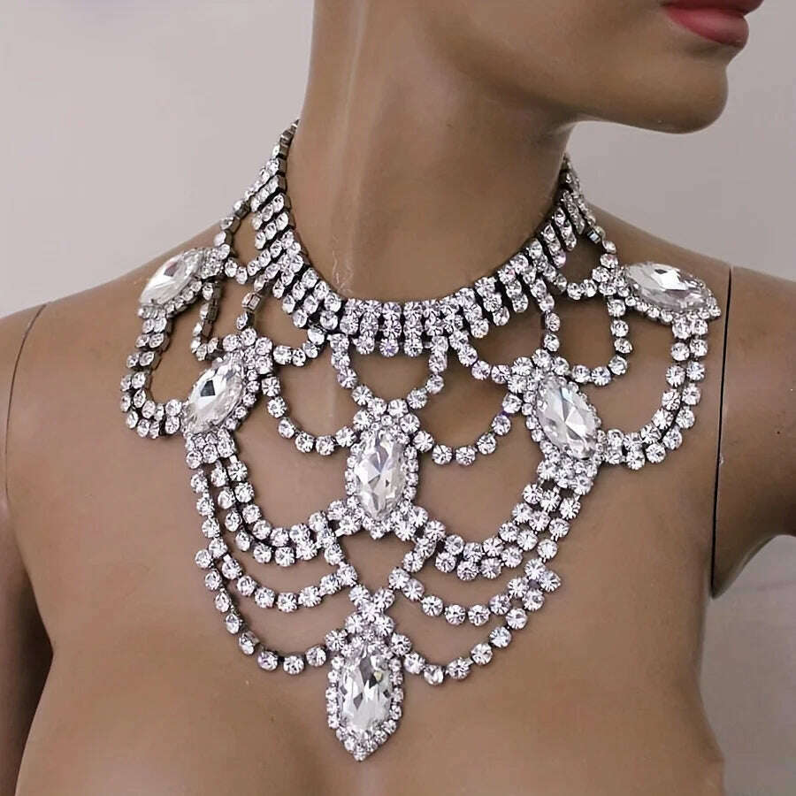 KIMLUD, Fashion Shiny Rhinestone Necklace Jewelry Women's Exquisite Luxury Bridal Wedding Party Jewelry Necklace Wearing Accessories, SILVER PLATED, KIMLUD APPAREL - Womens Clothes