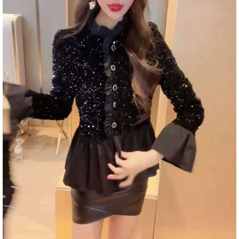 Fashion Splicing Sequin Jacket Women Single-breasted Plicated Long Sleeve Tops Female Spring Casual Solid Black Coat - KIMLUD