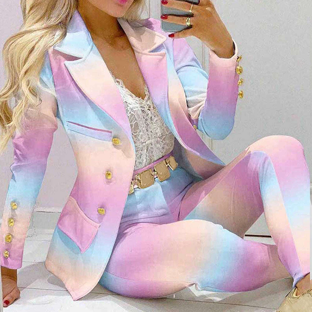 KIMLUD, Fashion Women Jacket + Pants 2 Piece Set Spring New Button Long Sleeve Turn-down Collar Print Suit Casual Blazer Versatile Set, Gradient / XXL, KIMLUD Womens Clothes