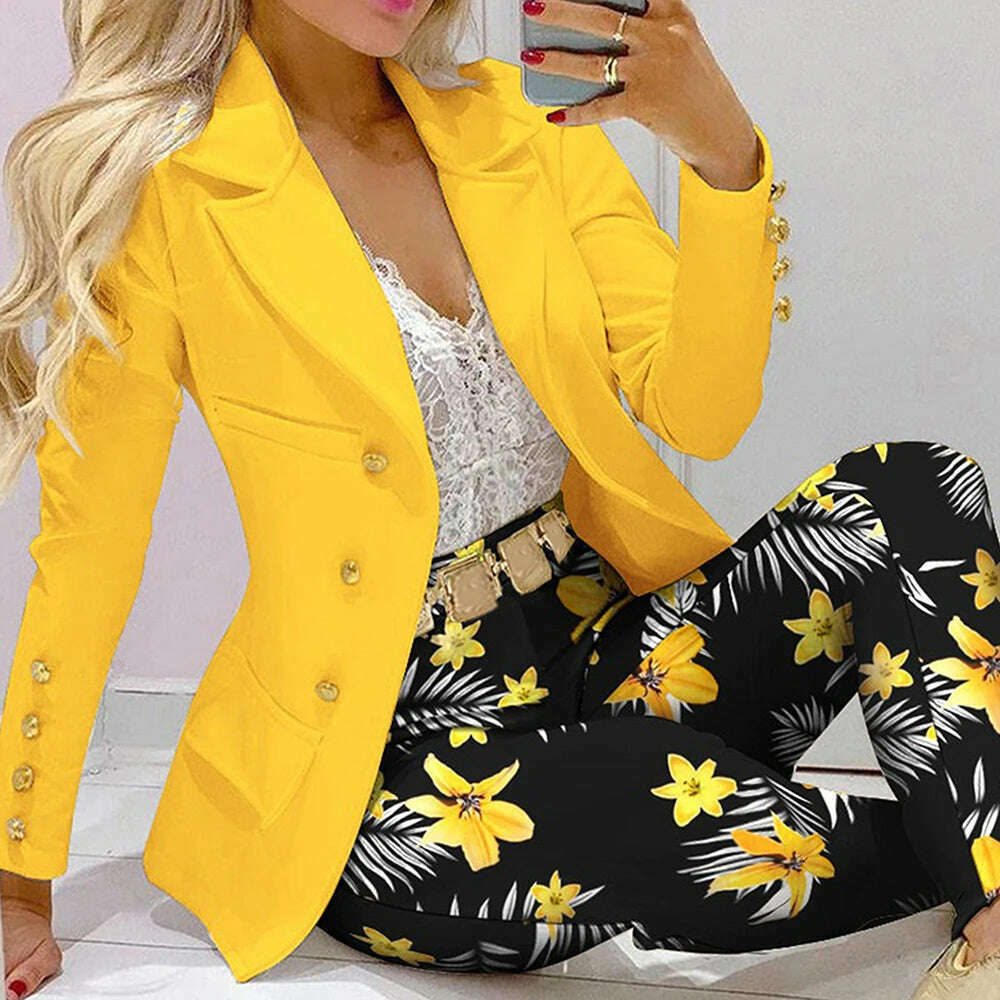 Fashion Women Jacket + Pants 2 Piece Set Spring New Button Long Sleeve Turn-down Collar Print Suit Casual Blazer Versatile Set - KIMLUD