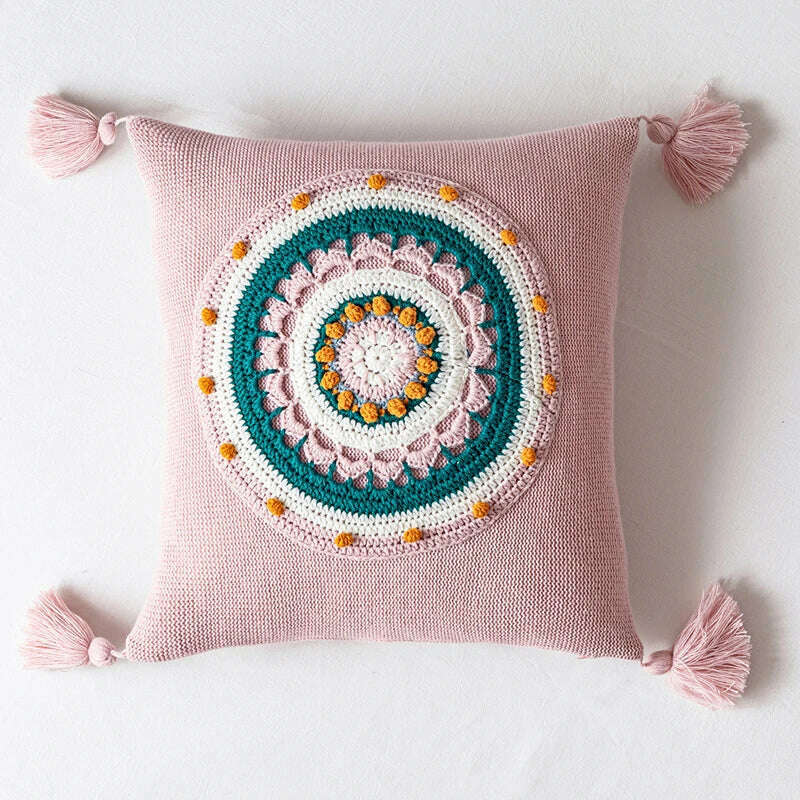 KIMLUD, Floral Cuhion Cover 45x45cm Pillow Cove Pink Cream Yellow Green Tassels Acrylic Knit Home decoration Pillow Case  For sofa Bed, Pink, KIMLUD APPAREL - Womens Clothes