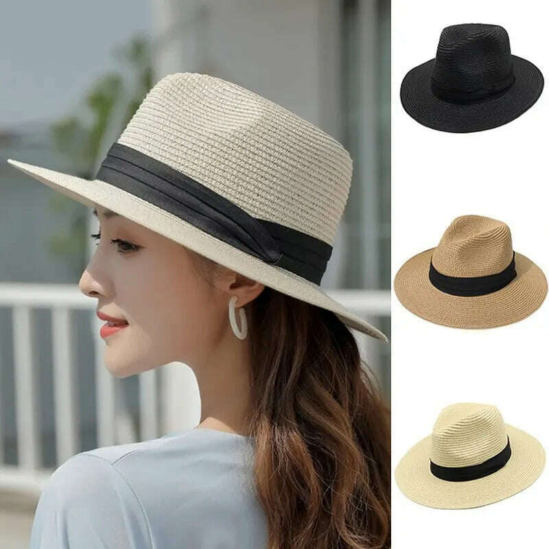 KIMLUD, Foldable Straw Sun Hat Wide Brim Summer Floppy Beach Hat Sun Protection Panama Hat for Men Women Packable Foldable Travel, KIMLUD Womens Clothes