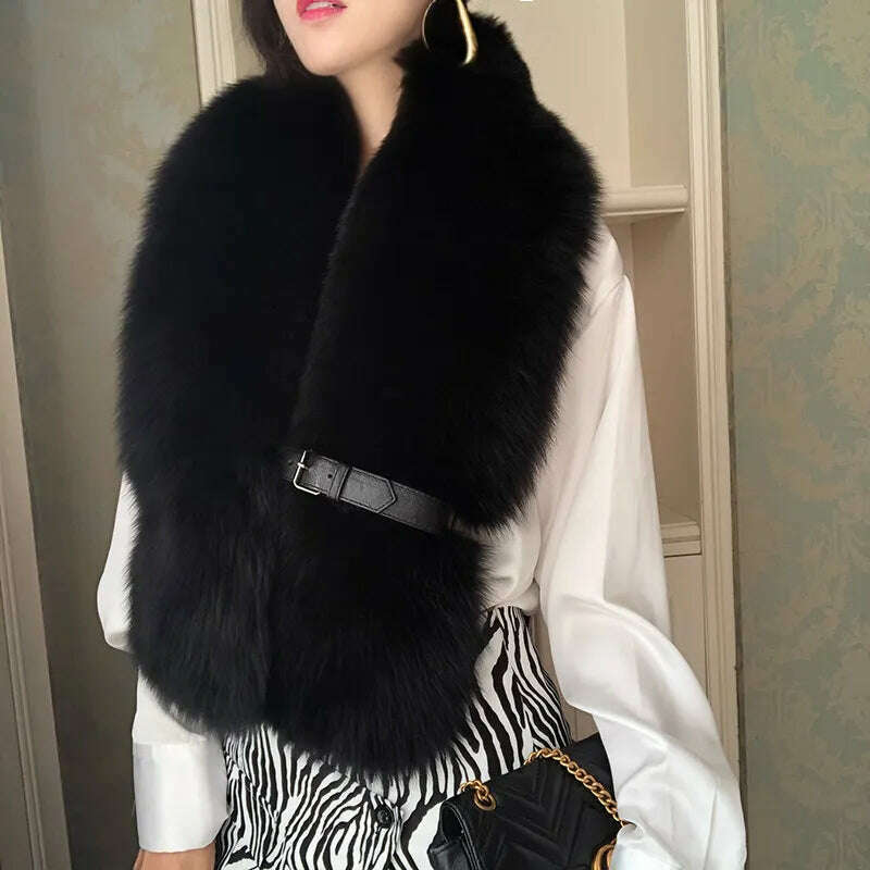 Fox Fur Scarf Luxury Genuine Big Fur Collar Whole Skin Solid Scarves With leather strap Women's Neck Warm Natural Fox Fur Shawl - KIMLUD