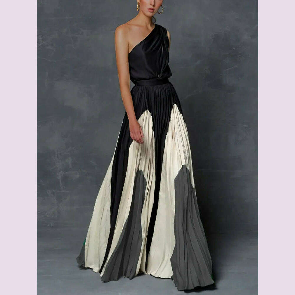 KIMLUD, Freeacy 2023 New Female Printed Elegant Chic A-line Pleated Party Dress Summer One-Shoulder Prom Evening Maxi Dresses For Women, KIMLUD Womens Clothes
