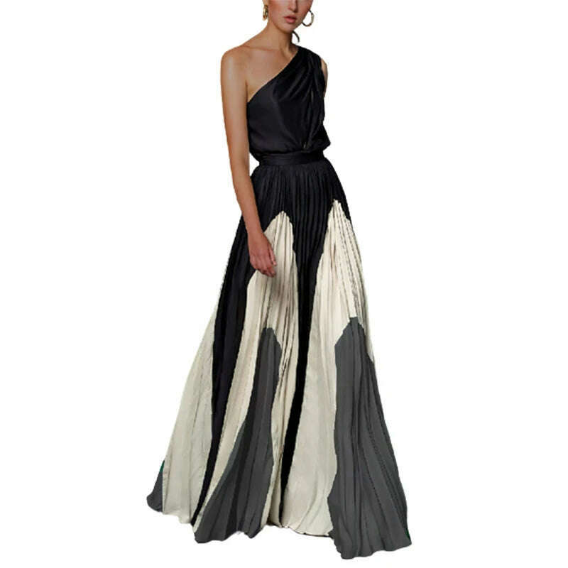 KIMLUD, Freeacy 2023 New Female Printed Elegant Chic A-line Pleated Party Dress Summer One-Shoulder Prom Evening Maxi Dresses For Women, KIMLUD Womens Clothes