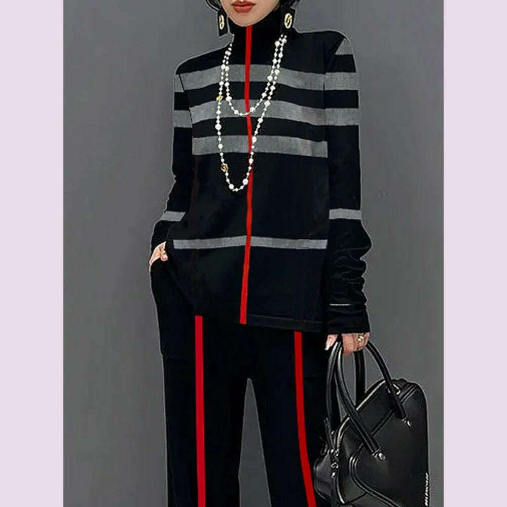 KIMLUD, Freeacy Autumn New Women's Casual Shirts High Neck Long Sleeves Loose Fit Striped Pullovers 2024 Fashion Female T-shirt, KIMLUD Womens Clothes