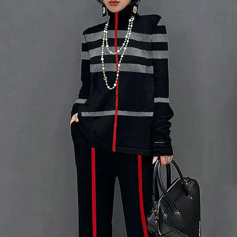KIMLUD, Freeacy Autumn New Women's Casual Shirts High Neck Long Sleeves Loose Fit Striped Pullovers 2024 Fashion Female T-shirt, KIMLUD Womens Clothes
