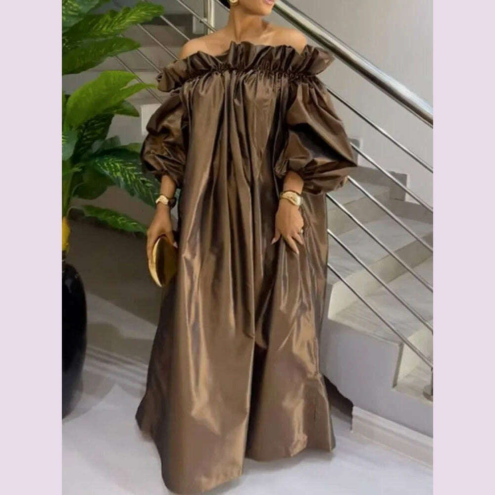 KIMLUD, Freeacy Summer Women's Dress Solid Color Elastic Off-the-shoulder Puff Sleeve Loose Maxi Dress 2024 Fashion Casual Party Dresses, KIMLUD Womens Clothes