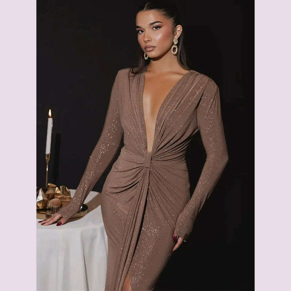 GACVGA Glitter Deep V Neck Sexy Maxi Dress For Women Autumn Elegant Sparkle Slit Ruched Bodycon Club Party Long Evening Dress - KIMLUD