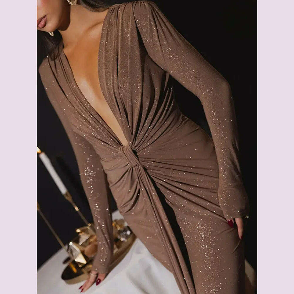 GACVGA Glitter Deep V Neck Sexy Maxi Dress For Women Autumn Elegant Sparkle Slit Ruched Bodycon Club Party Long Evening Dress - KIMLUD