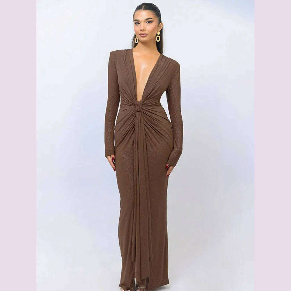 GACVGA Glitter Deep V Neck Sexy Maxi Dress For Women Autumn Elegant Sparkle Slit Ruched Bodycon Club Party Long Evening Dress - KIMLUD