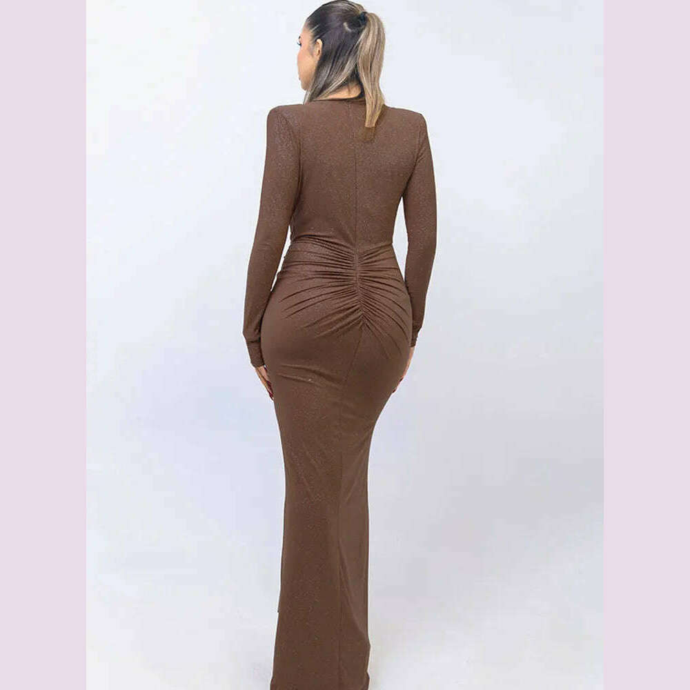 GACVGA Glitter Deep V Neck Sexy Maxi Dress For Women Autumn Elegant Sparkle Slit Ruched Bodycon Club Party Long Evening Dress - KIMLUD