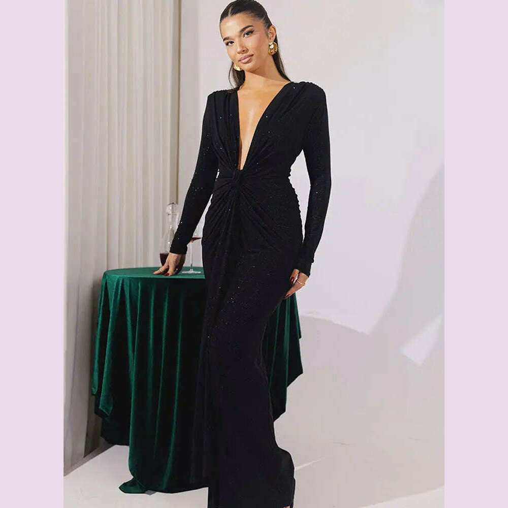 GACVGA Glitter Deep V Neck Sexy Maxi Dress For Women Autumn Elegant Sparkle Slit Ruched Bodycon Club Party Long Evening Dress - KIMLUD