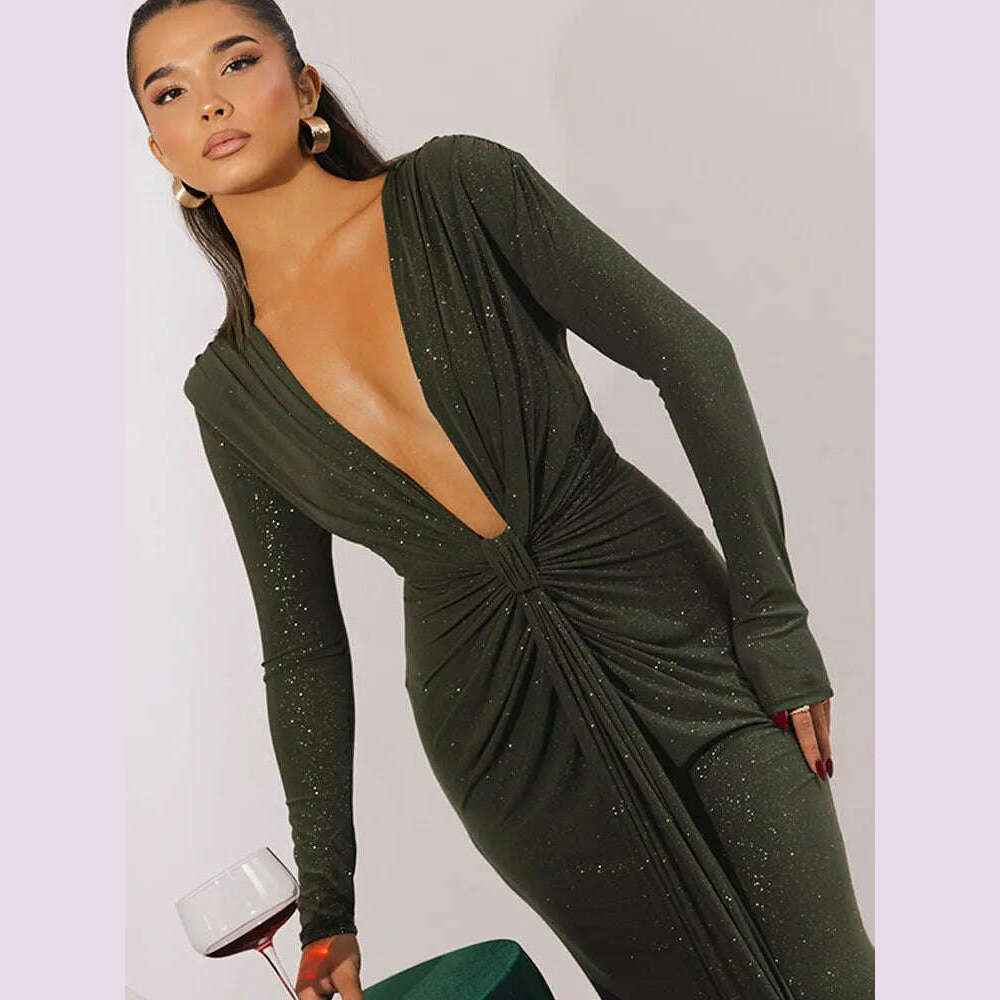 GACVGA Glitter Deep V Neck Sexy Maxi Dress For Women Autumn Elegant Sparkle Slit Ruched Bodycon Club Party Long Evening Dress - KIMLUD
