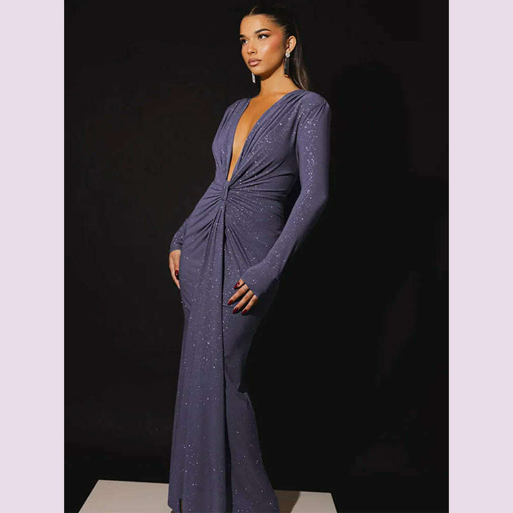 GACVGA Glitter Deep V Neck Sexy Maxi Dress For Women Autumn Elegant Sparkle Slit Ruched Bodycon Club Party Long Evening Dress - KIMLUD