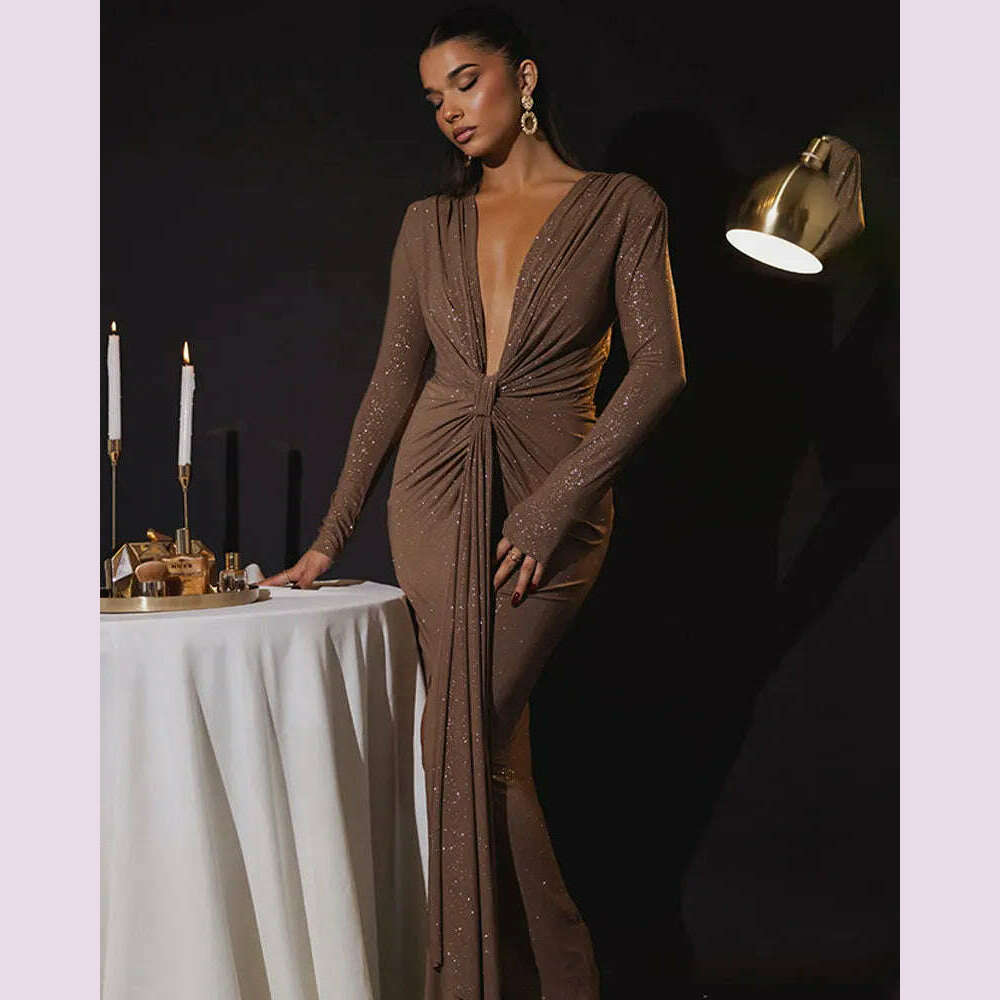 GACVGA Glitter Deep V Neck Sexy Maxi Dress For Women Autumn Elegant Sparkle Slit Ruched Bodycon Club Party Long Evening Dress - KIMLUD