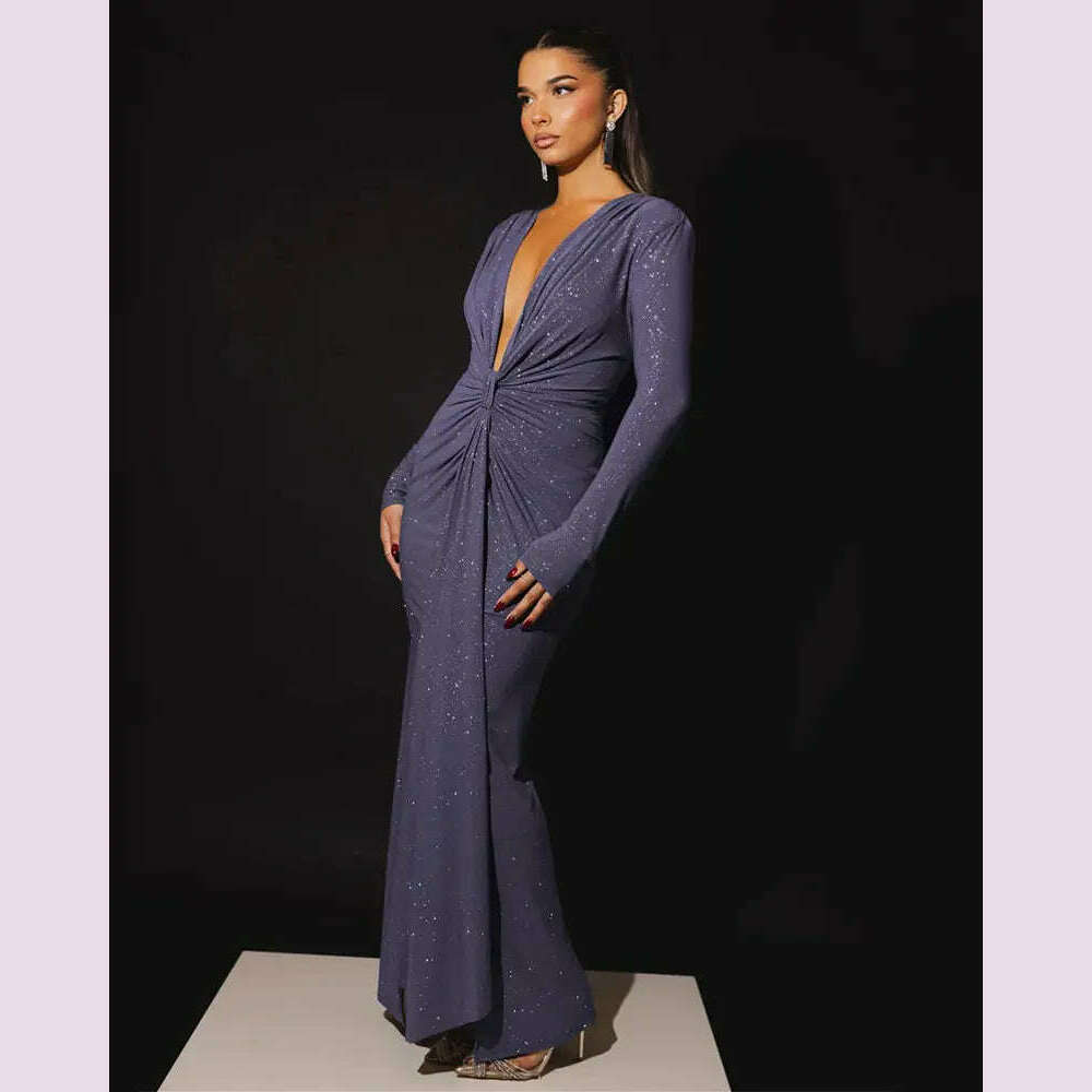 GACVGA Glitter Deep V Neck Sexy Maxi Dress For Women Autumn Elegant Sparkle Slit Ruched Bodycon Club Party Long Evening Dress - KIMLUD