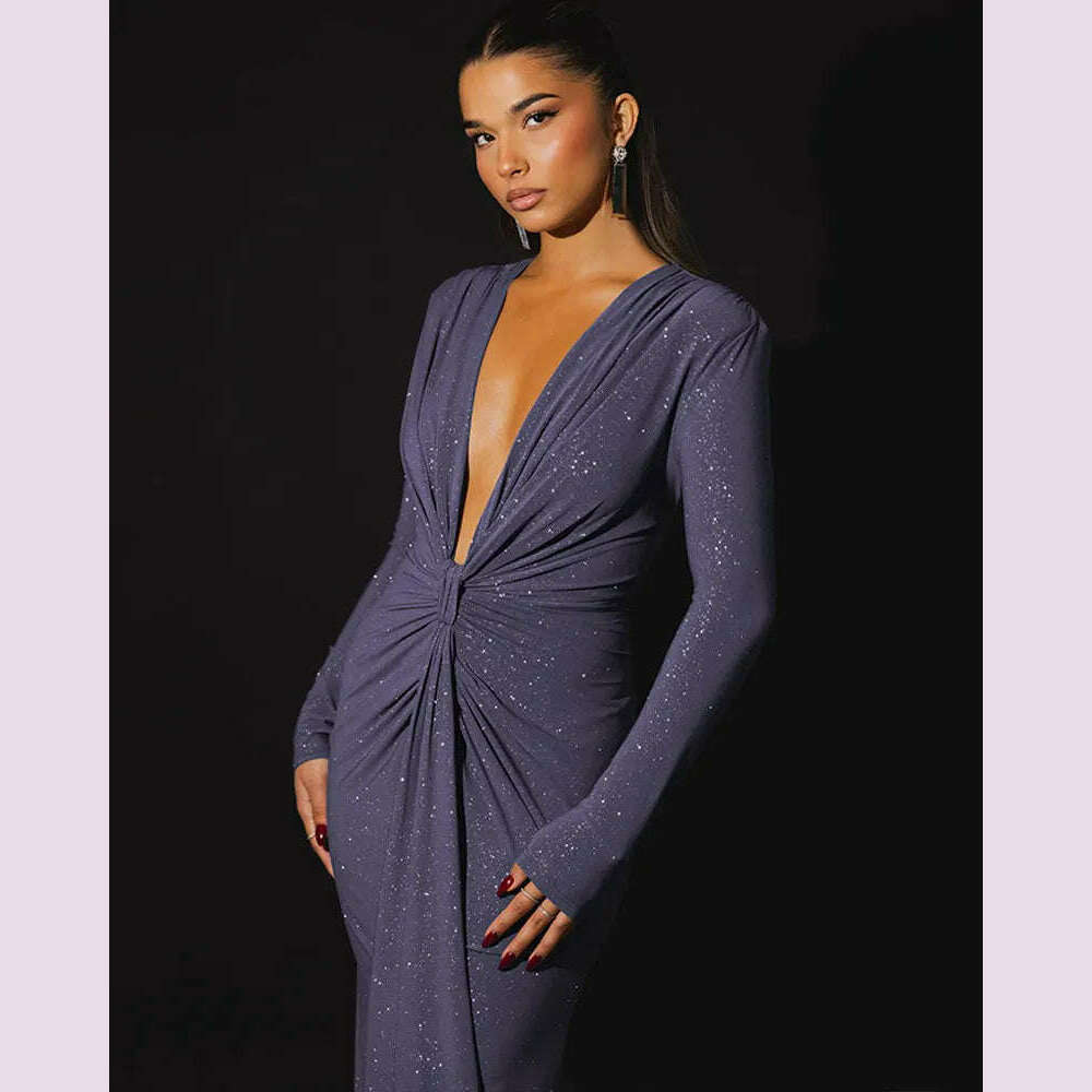 GACVGA Glitter Deep V Neck Sexy Maxi Dress For Women Autumn Elegant Sparkle Slit Ruched Bodycon Club Party Long Evening Dress - KIMLUD