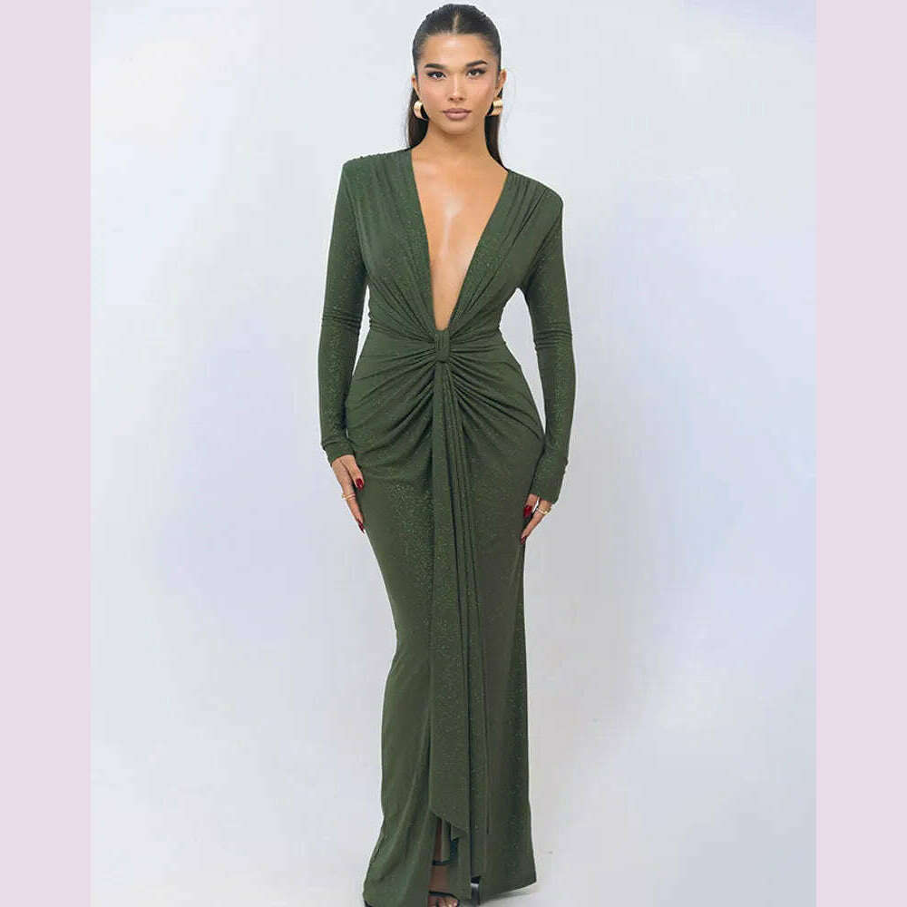 GACVGA Glitter Deep V Neck Sexy Maxi Dress For Women Autumn Elegant Sparkle Slit Ruched Bodycon Club Party Long Evening Dress - KIMLUD