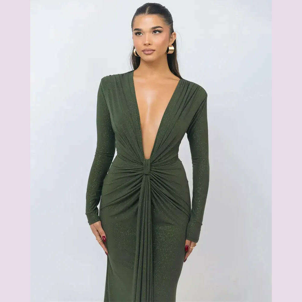 GACVGA Glitter Deep V Neck Sexy Maxi Dress For Women Autumn Elegant Sparkle Slit Ruched Bodycon Club Party Long Evening Dress - KIMLUD