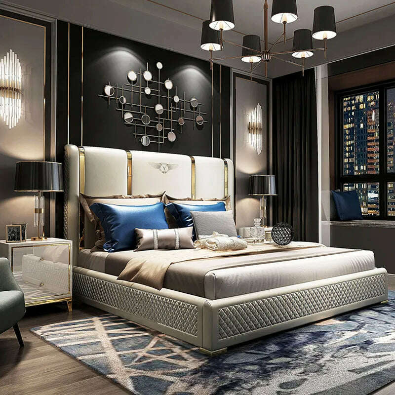 Genuine Leather entry lux bed frame modern Nordic camas ultimate bed кровать двуспальная lit beds سرير muebles de dormitorio ме - KIMLUD
