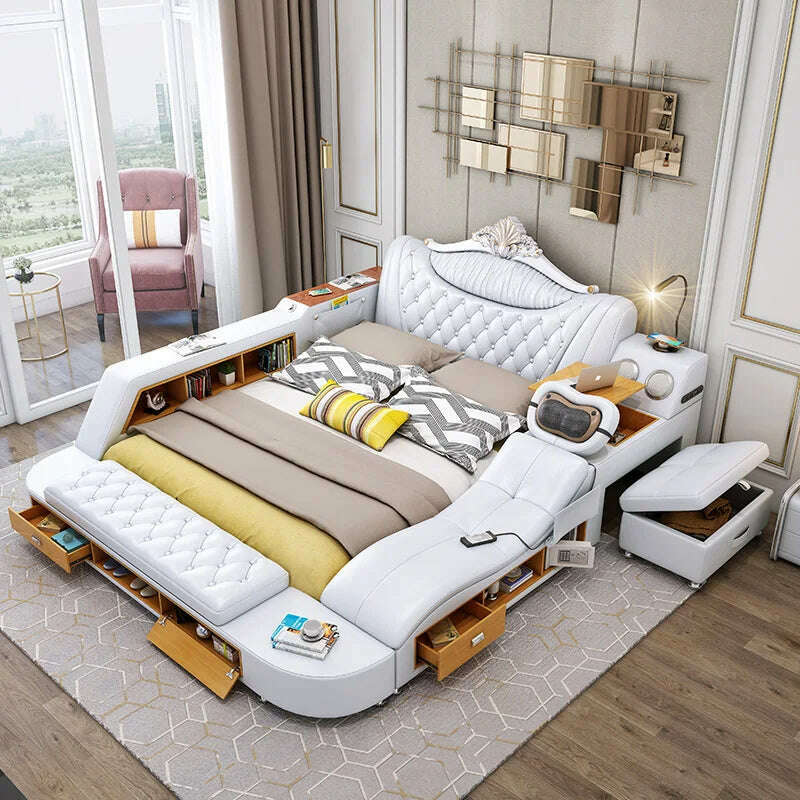 Genuine Leather Tech Smart Bed Multifunctional Beds Ultimate Massage Camas Upholstered Bed with Bluetooth,Speaker,Massager,USB C - KIMLUD