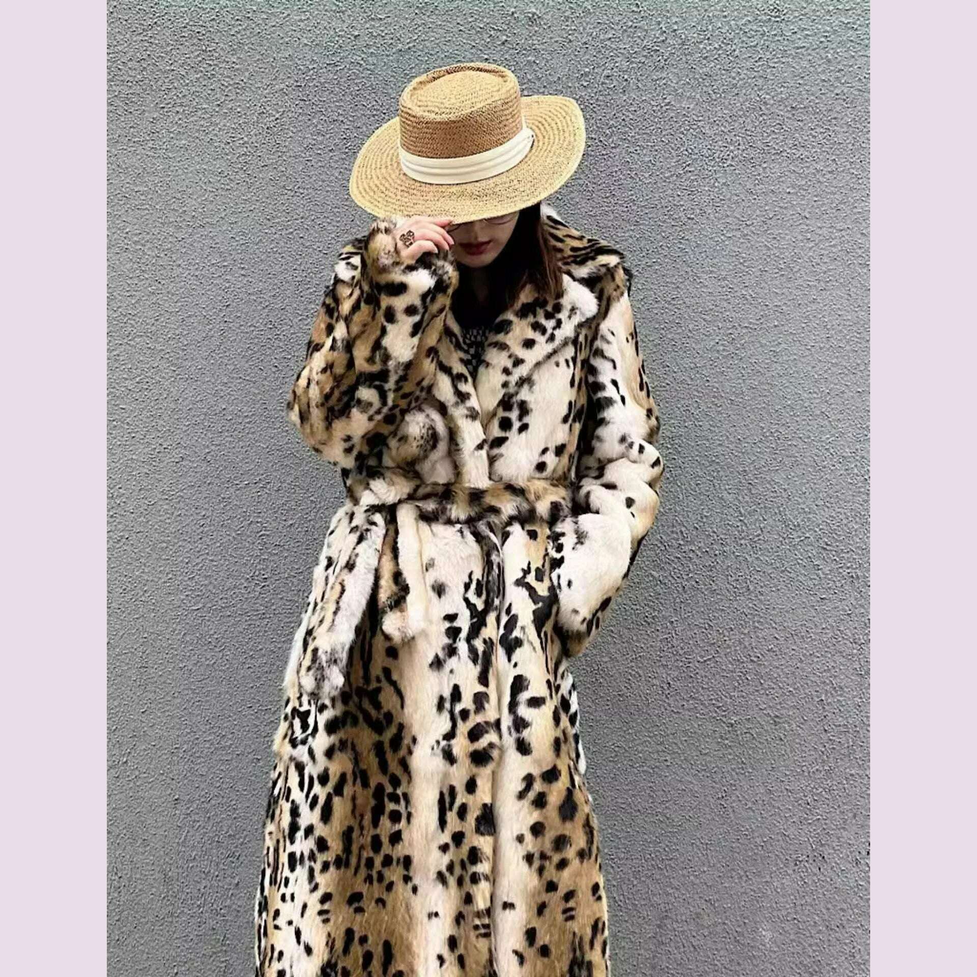 KIMLUD, Genuine natural real Rabbit Fur Coat women's long leopard jacket with belt ladies warm winter outwear custom any size, 6XL, KIMLUD APPAREL - Womens Clothes