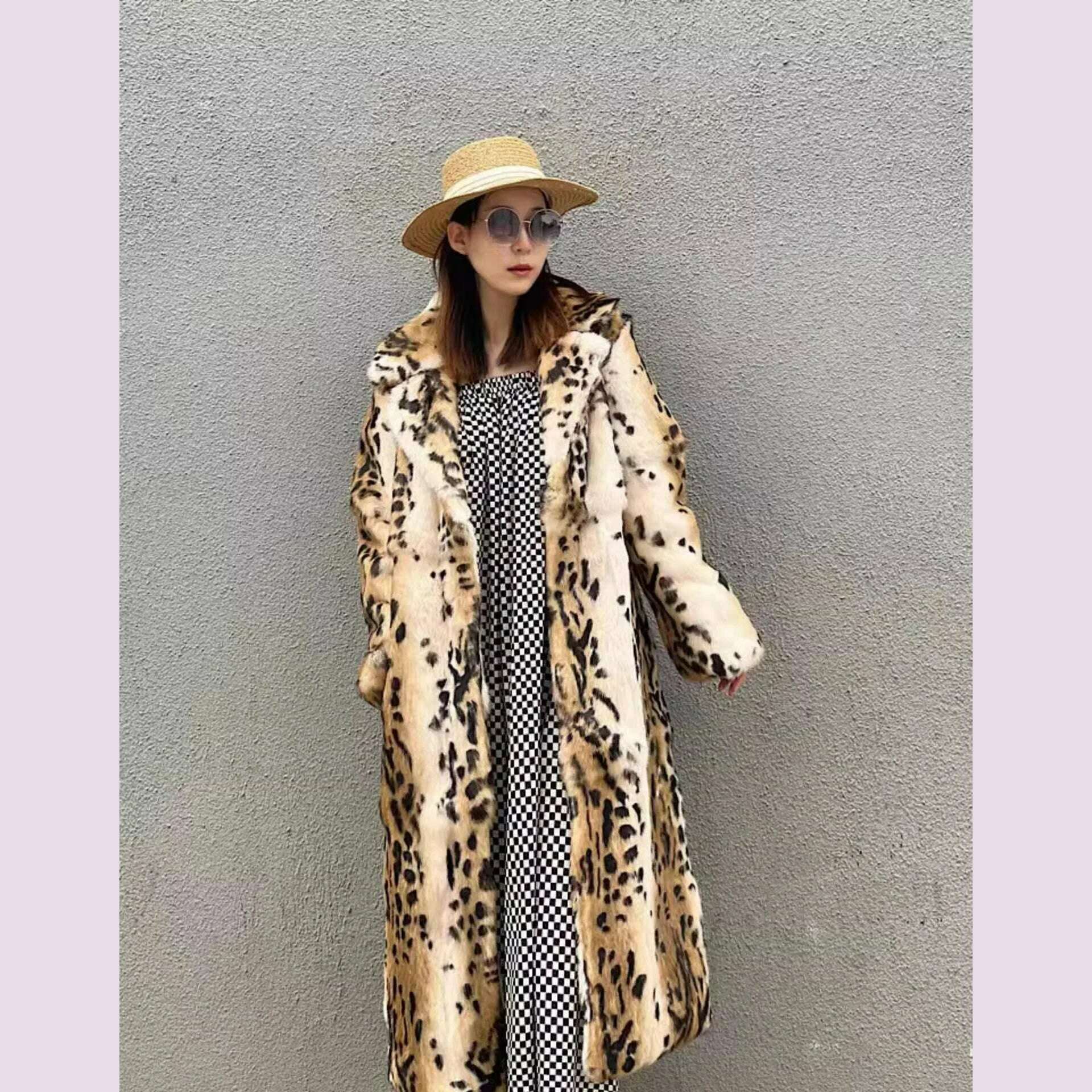 KIMLUD, Genuine natural real Rabbit Fur Coat women's long leopard jacket with belt ladies warm winter outwear custom any size, KIMLUD Womens Clothes