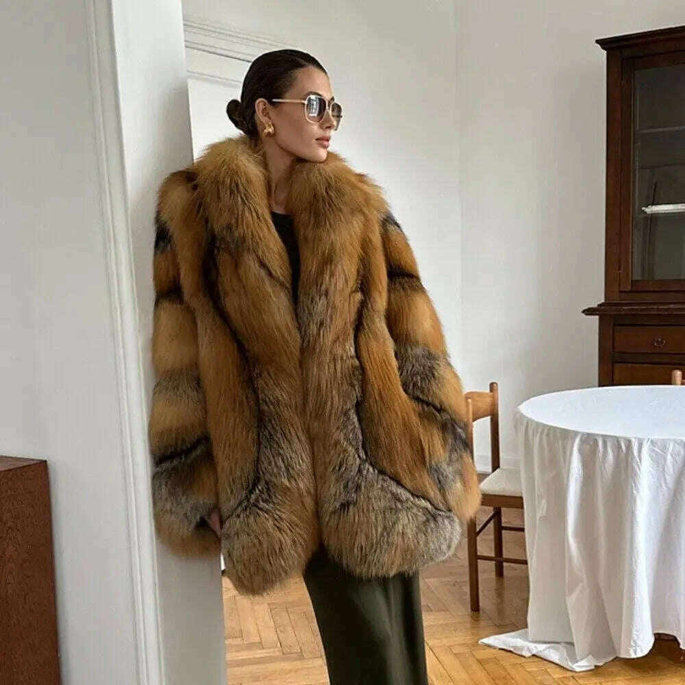 KIMLUD, Glamorous Women's Real Red Fox Fur Lapel Coat Winter Luxury Genuine Fox Fur Jacket Female Elegant Natural Fur Thick Overcoat, brown / M, KIMLUD APPAREL - Womens Clothes