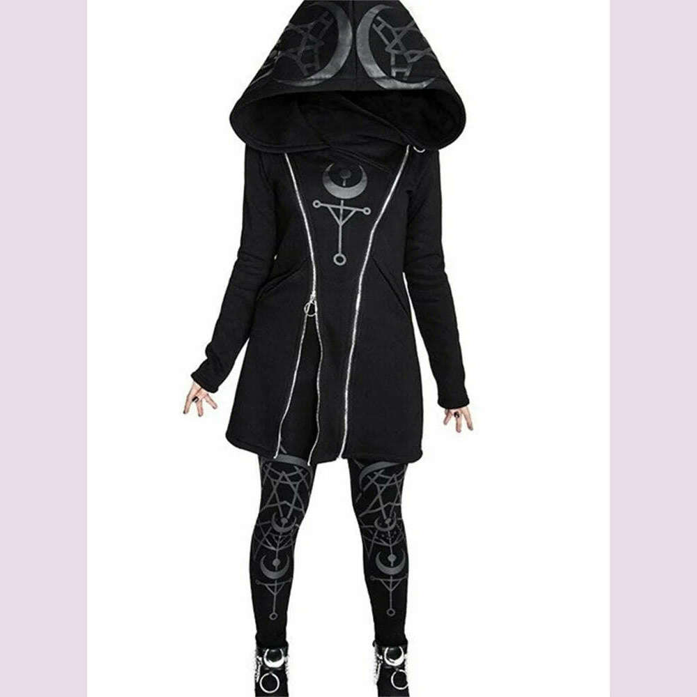Gothic Punk Print Long-sleeved Top Harajuku Retro Hooded Double Zipper Long Sweater 2022 New Autumn and Winter Women's Tops Emo - KIMLUD