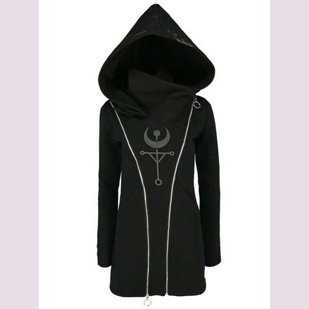 Gothic Punk Print Long-sleeved Top Harajuku Retro Hooded Double Zipper Long Sweater 2022 New Autumn and Winter Women's Tops Emo - KIMLUD