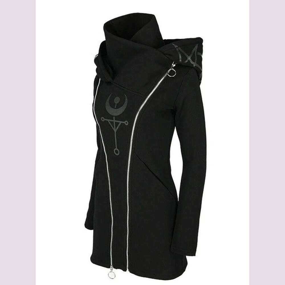 Gothic Punk Print Long-sleeved Top Harajuku Retro Hooded Double Zipper Long Sweater 2022 New Autumn and Winter Women's Tops Emo - KIMLUD