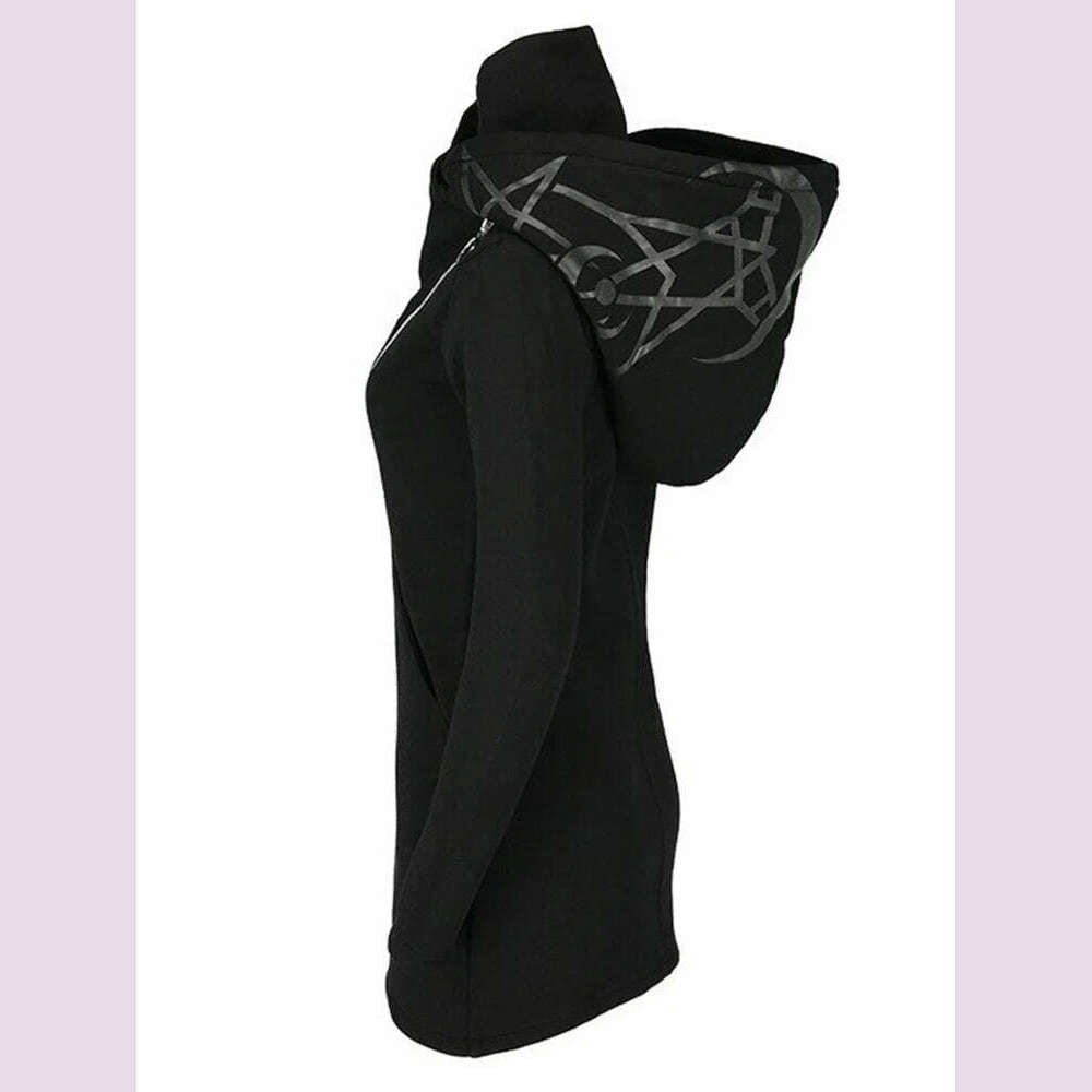 Gothic Punk Print Long-sleeved Top Harajuku Retro Hooded Double Zipper Long Sweater 2022 New Autumn and Winter Women's Tops Emo - KIMLUD