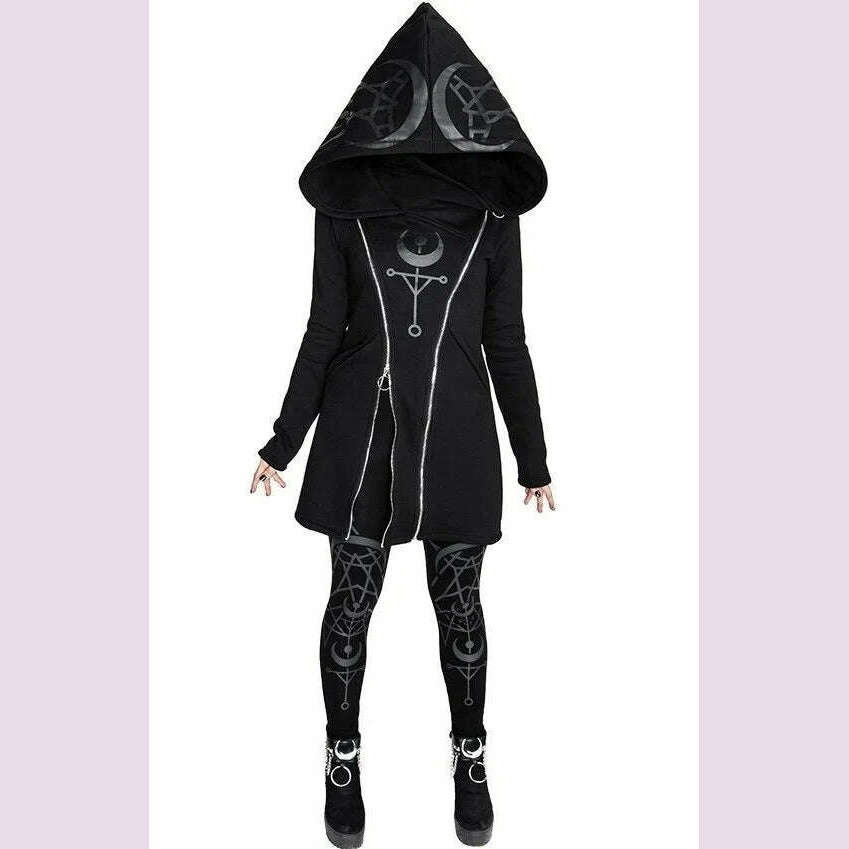 Gothic Punk Print Long-sleeved Top Harajuku Retro Hooded Double Zipper Long Sweater 2022 New Autumn and Winter Women's Tops Emo - KIMLUD