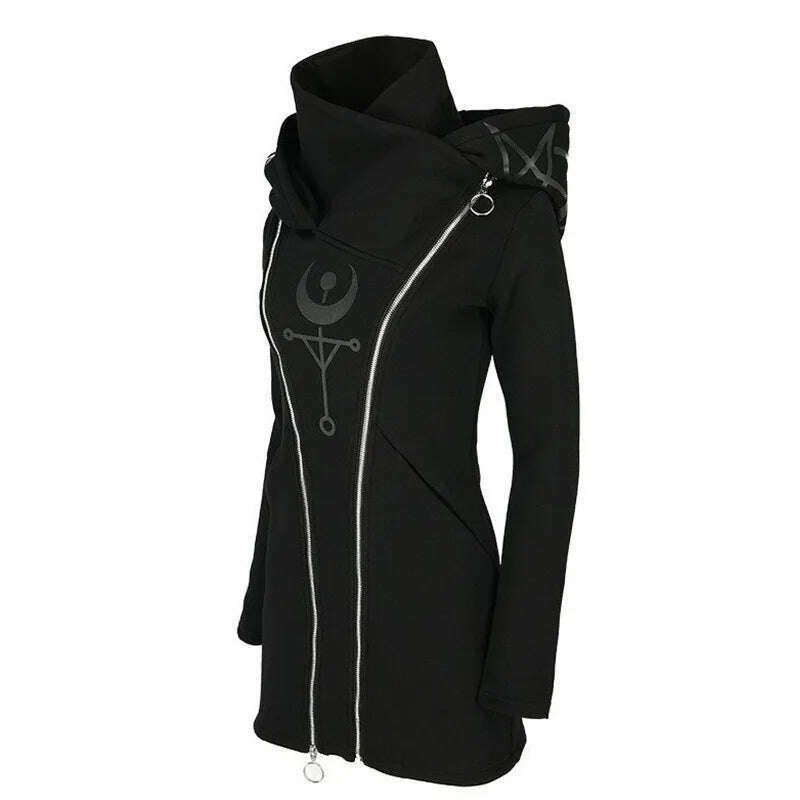 Gothic Punk Print Long-sleeved Top Harajuku Retro Hooded Double Zipper Long Sweater 2022 New Autumn and Winter Women's Tops Emo - KIMLUD