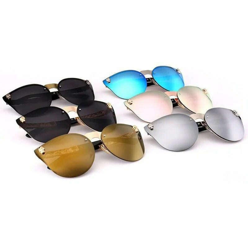 Gothic Skull Sunglasses Women Men Rimless Cat Eye with Skull Head Rhinestone Mirrored Ladies Sun Glasses Punk Metal Shades - KIMLUD