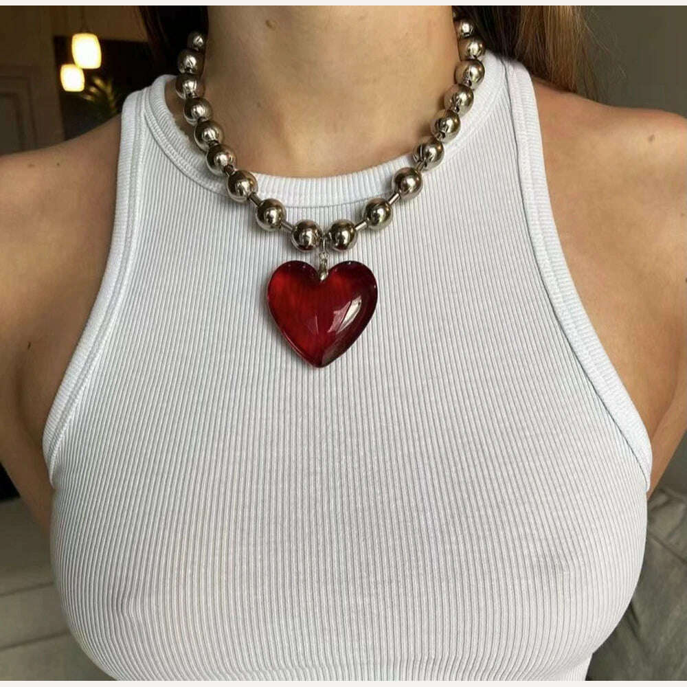 Grunge Fashion Glass Heart Pendant Necklace Y2K Oversize Ball Beads Chain Statement Choker Necklace for Women Club Punk Jewelry - KIMLUD