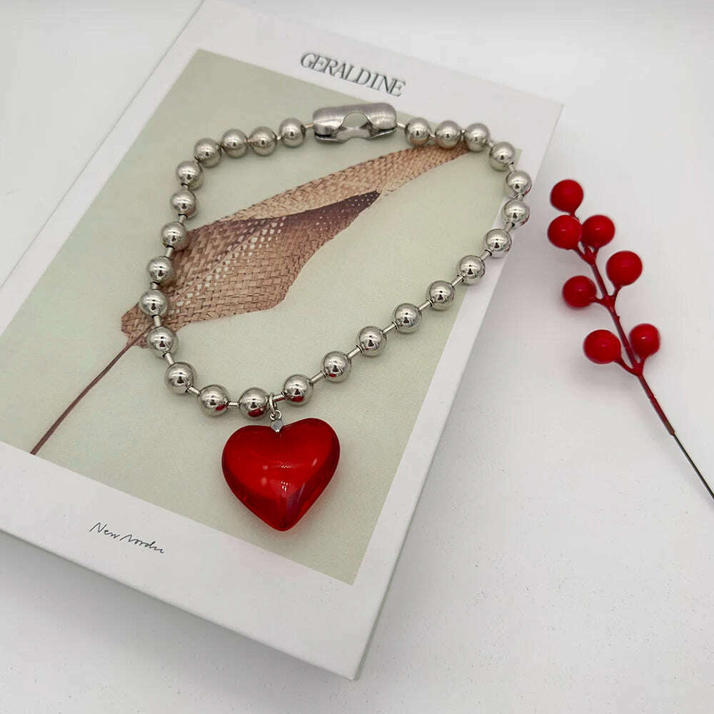 Grunge Fashion Glass Heart Pendant Necklace Y2K Oversize Ball Beads Chain Statement Choker Necklace for Women Club Punk Jewelry - KIMLUD