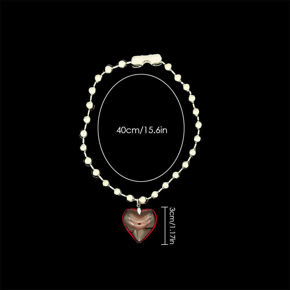 Grunge Fashion Glass Heart Pendant Necklace Y2K Oversize Ball Beads Chain Statement Choker Necklace for Women Club Punk Jewelry - KIMLUD