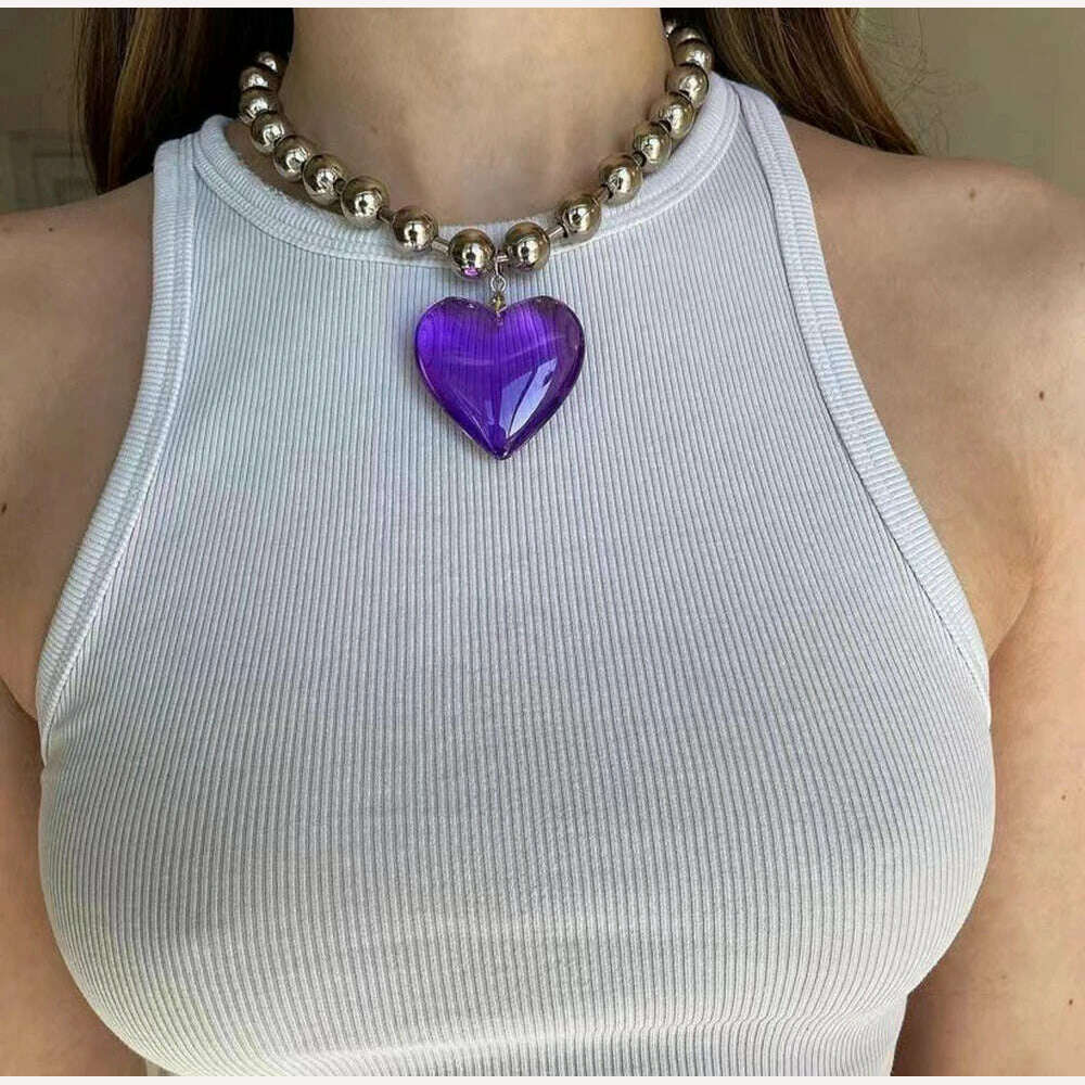 Grunge Fashion Glass Heart Pendant Necklace Y2K Oversize Ball Beads Chain Statement Choker Necklace for Women Club Punk Jewelry - KIMLUD