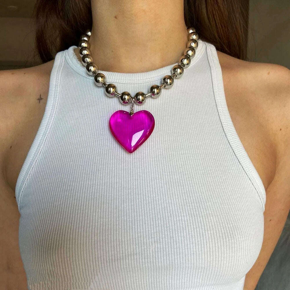 Grunge Fashion Glass Heart Pendant Necklace Y2K Oversize Ball Beads Chain Statement Choker Necklace for Women Club Punk Jewelry - KIMLUD