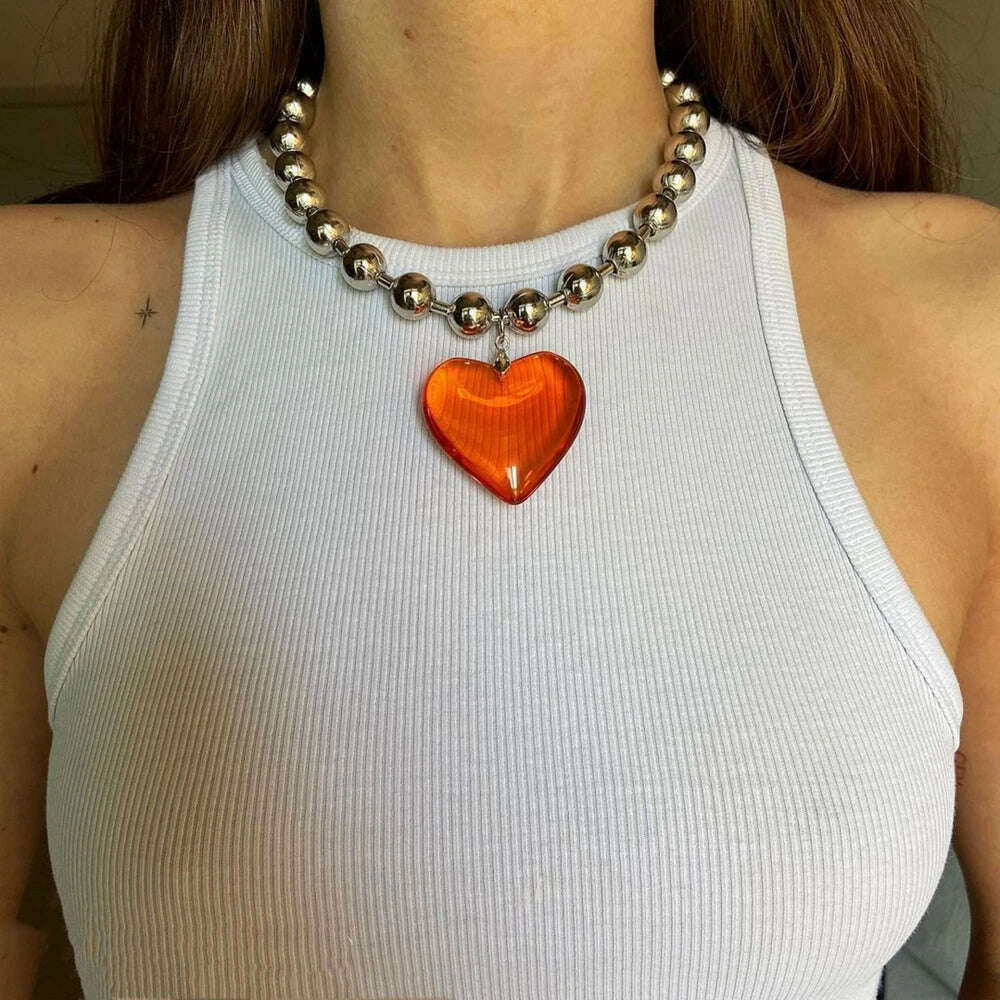 Grunge Fashion Glass Heart Pendant Necklace Y2K Oversize Ball Beads Chain Statement Choker Necklace for Women Club Punk Jewelry - KIMLUD