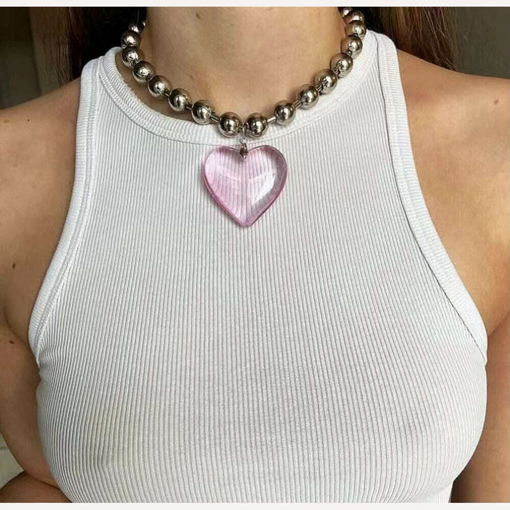 Grunge Fashion Glass Heart Pendant Necklace Y2K Oversize Ball Beads Chain Statement Choker Necklace for Women Club Punk Jewelry - KIMLUD