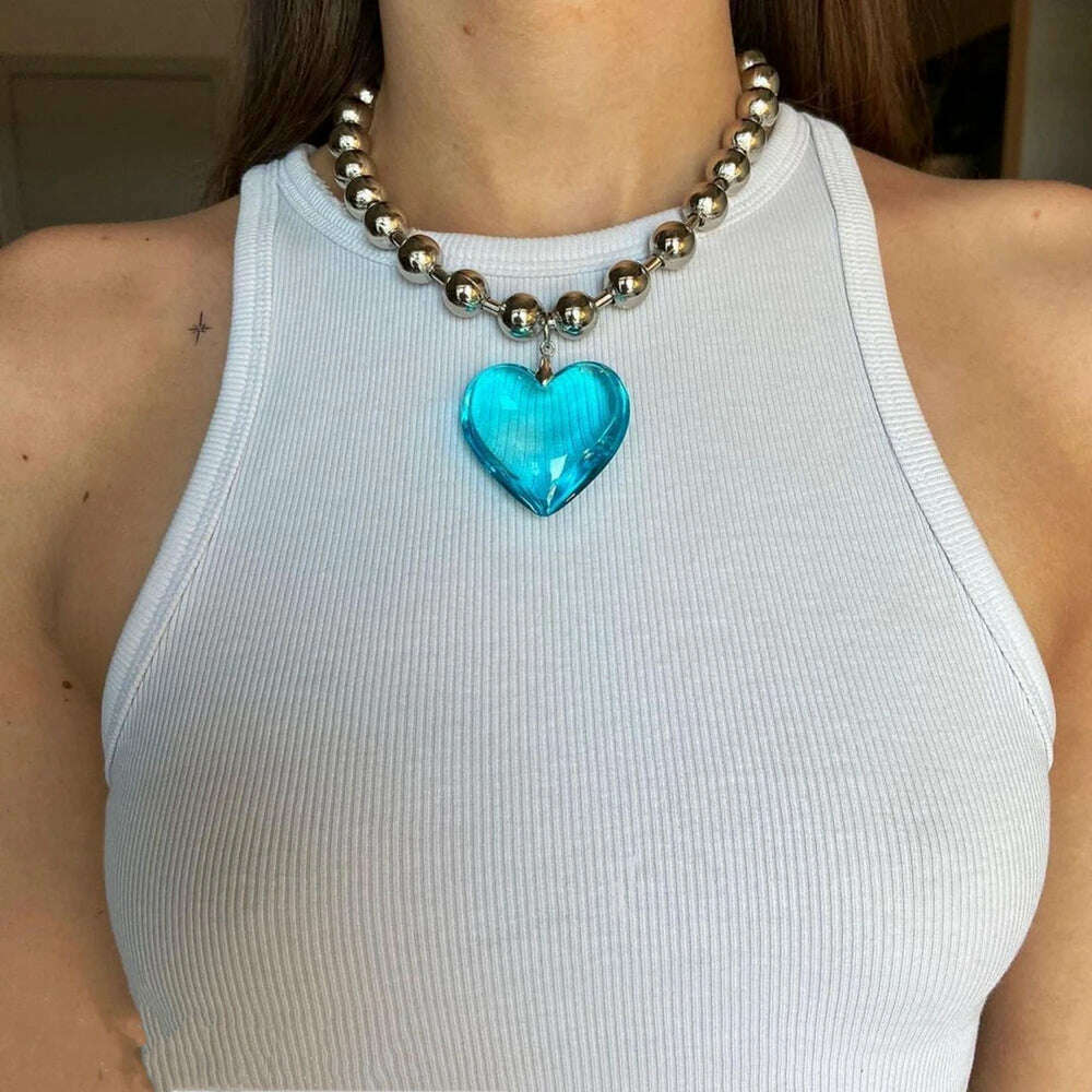 Grunge Fashion Glass Heart Pendant Necklace Y2K Oversize Ball Beads Chain Statement Choker Necklace for Women Club Punk Jewelry - KIMLUD