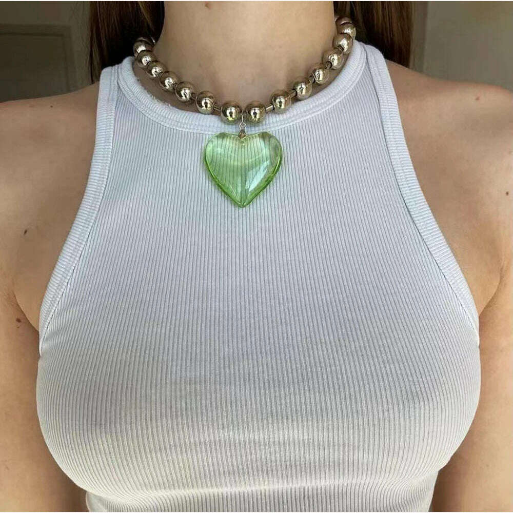 Grunge Fashion Glass Heart Pendant Necklace Y2K Oversize Ball Beads Chain Statement Choker Necklace for Women Club Punk Jewelry - KIMLUD