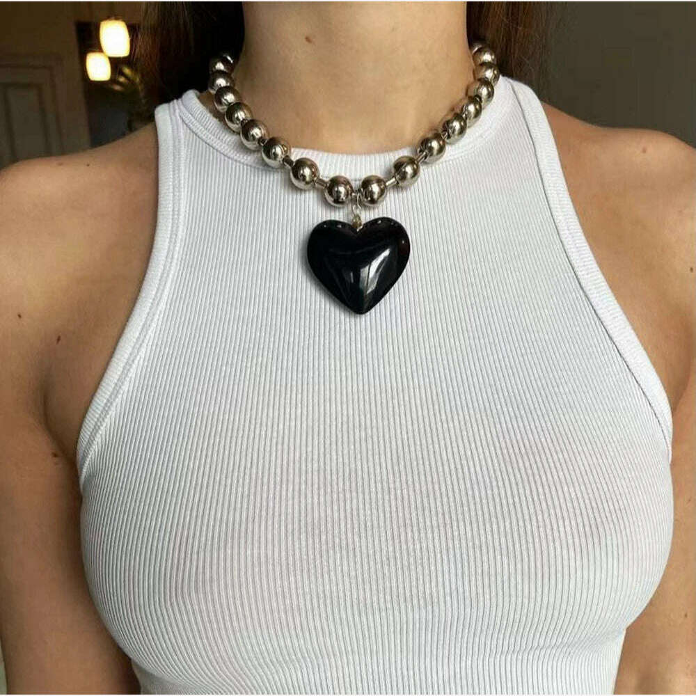 Grunge Fashion Glass Heart Pendant Necklace Y2K Oversize Ball Beads Chain Statement Choker Necklace for Women Club Punk Jewelry - KIMLUD