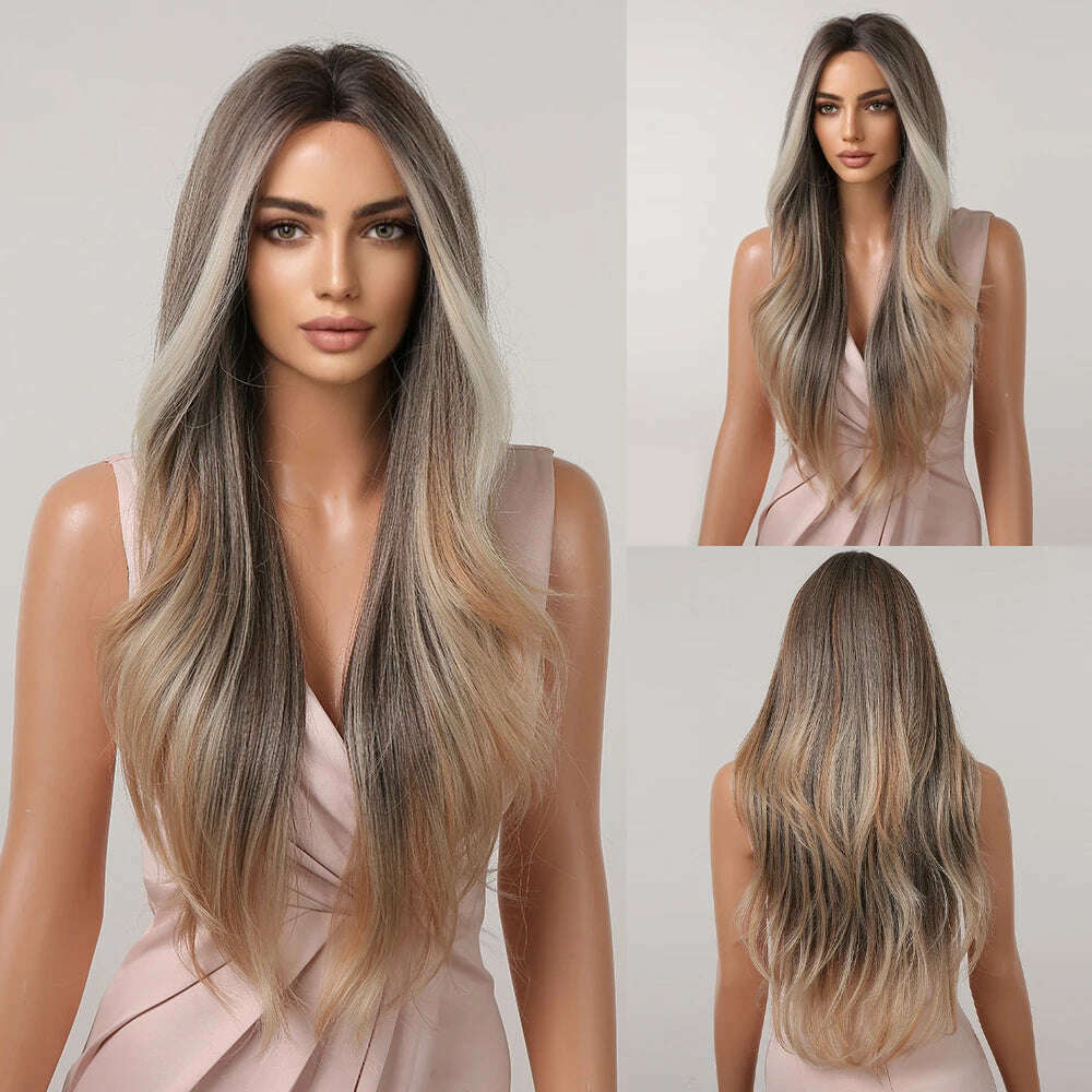 HAIRCUBE Long Straight Brown Mixed Blonde Highlight Synthetic Wigs Natural Hairline Lace Front Wigs for Women Daily Cosplay Hair - KIMLUD