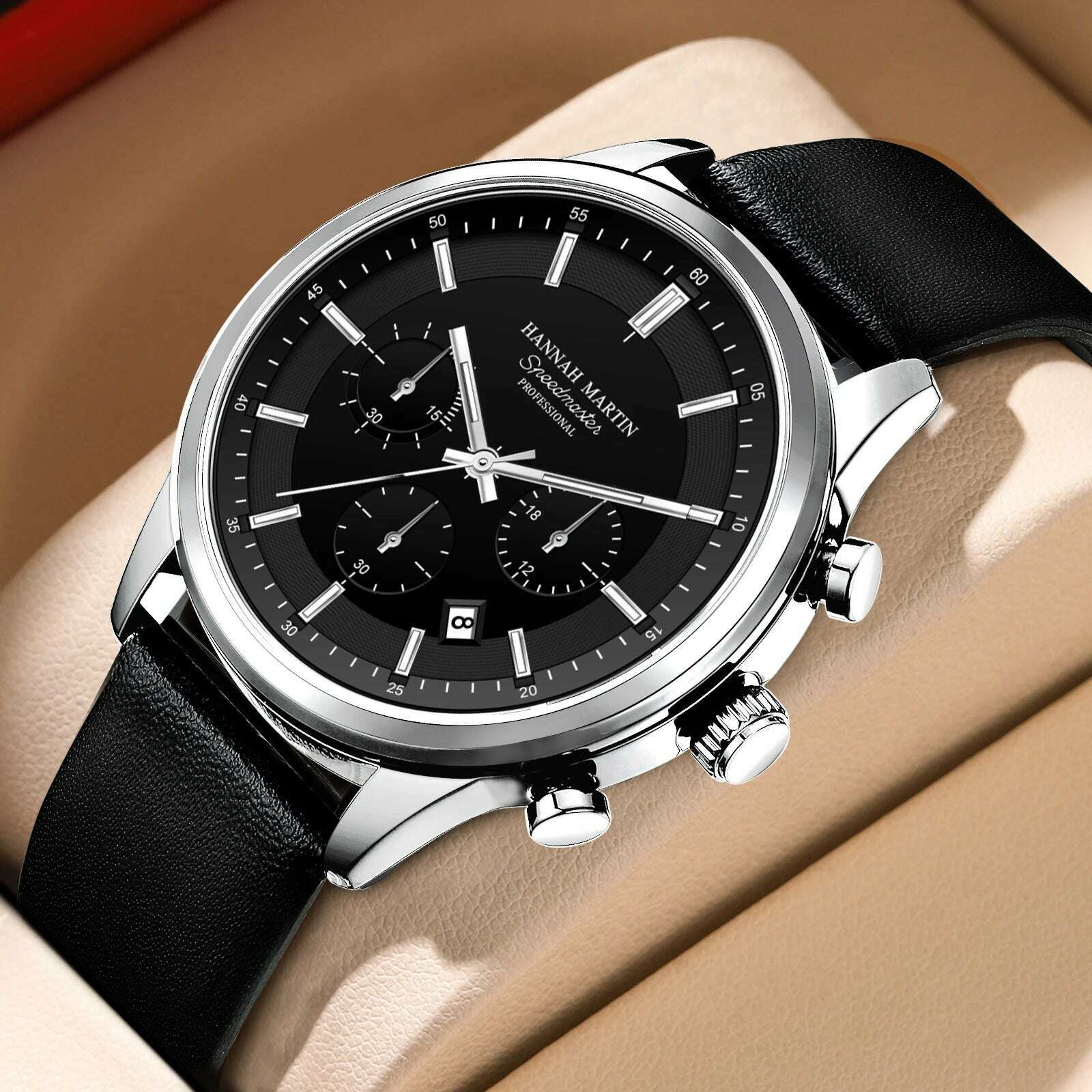 KIMLUD, Hannah Martin Brand Men Watch Multifunctional Timing Dial Casual Sports Leather Original Quartz Movement Business Watch for Men, KIMLUD Womens Clothes