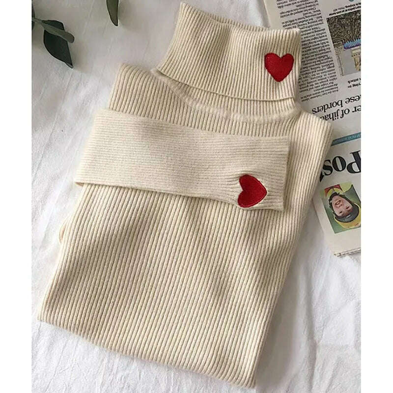 HELIAR Women Turtleneck Knit Warm Sweaters Heart Embroidered Pullover Slim Bottoming Causal Sweater For Women 2023 Fall Winter - KIMLUD